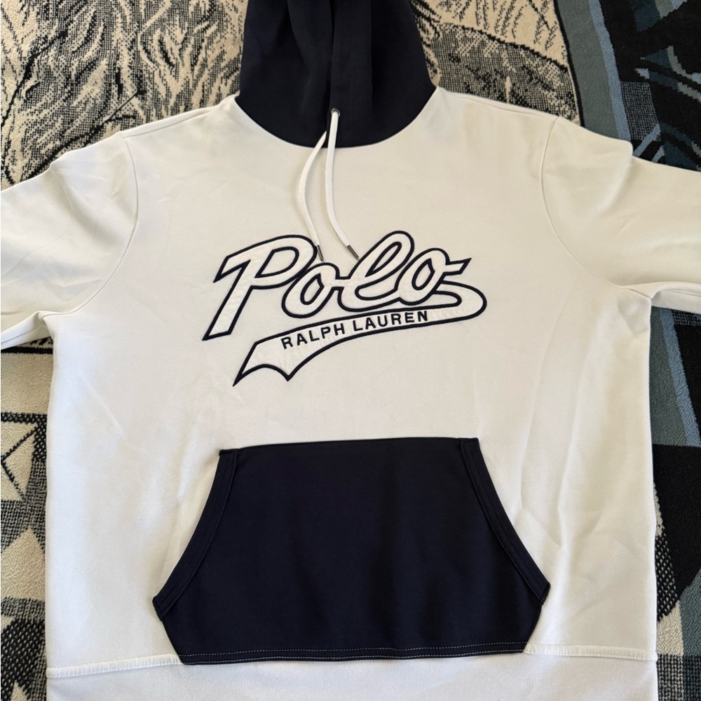 Polo Ralph Lauren Double Knit Cursive Script Logo Ivory White/Navy Blue Hoodie
